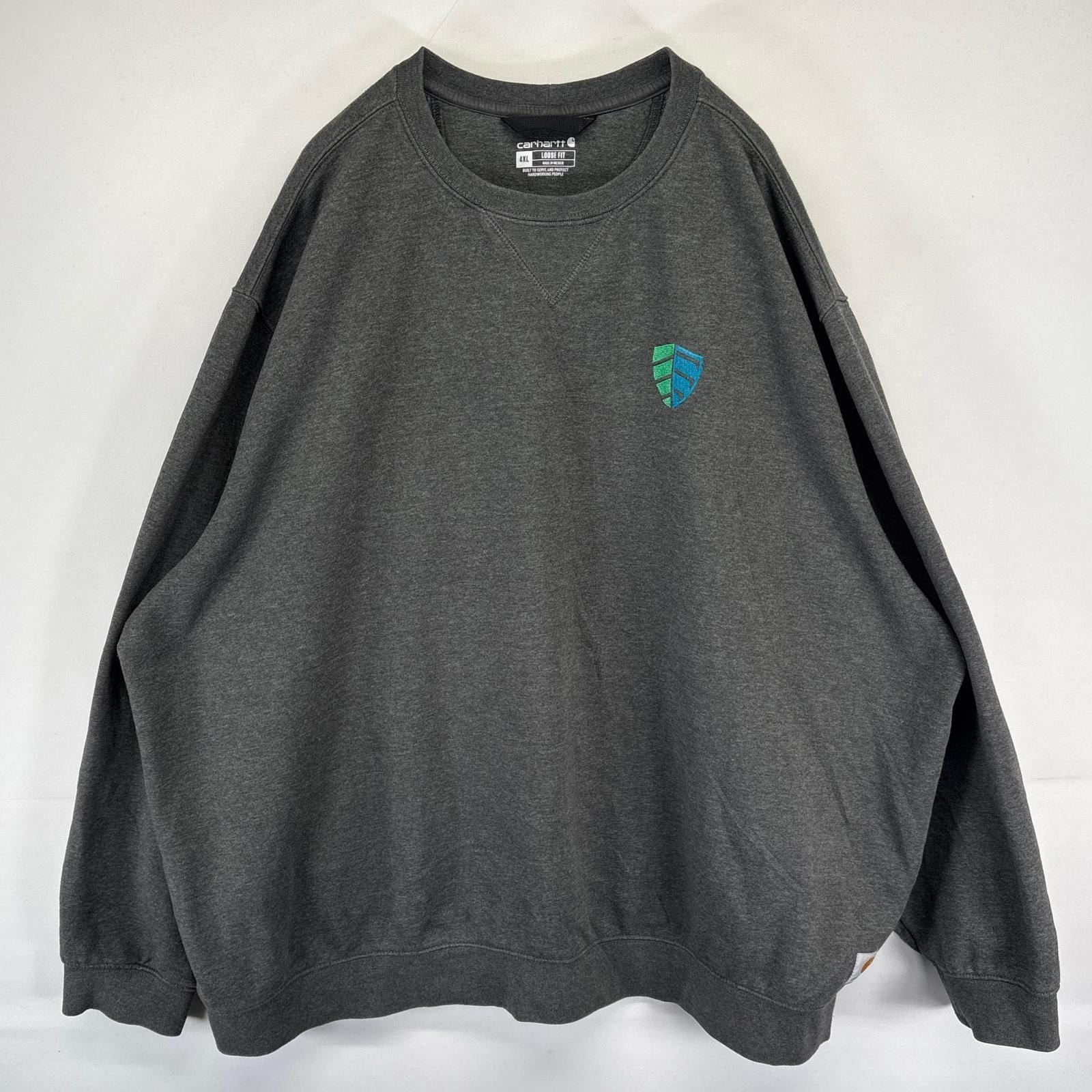 古着 カーハート Carhartt スウェット クルーネック 企業刺繍ロゴ Vネック・ガゼット 大きいサイズ 4XL  グレー系 メンズ