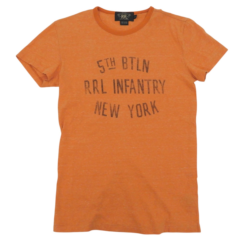ダブルアールエル 美品 コットン 5TH BTLN RRL INFANTRY NEW YORK プリント 霜降り ショートスリーブ カットソー メンズ オレンジ XS XS