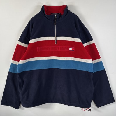古着 トミーヒルフィガー TOMMY HILFIGER フリースジャケット ハーフジップ 大きいサイズ ビッグロゴ 14041 ネイビー マルチカラー メンズ