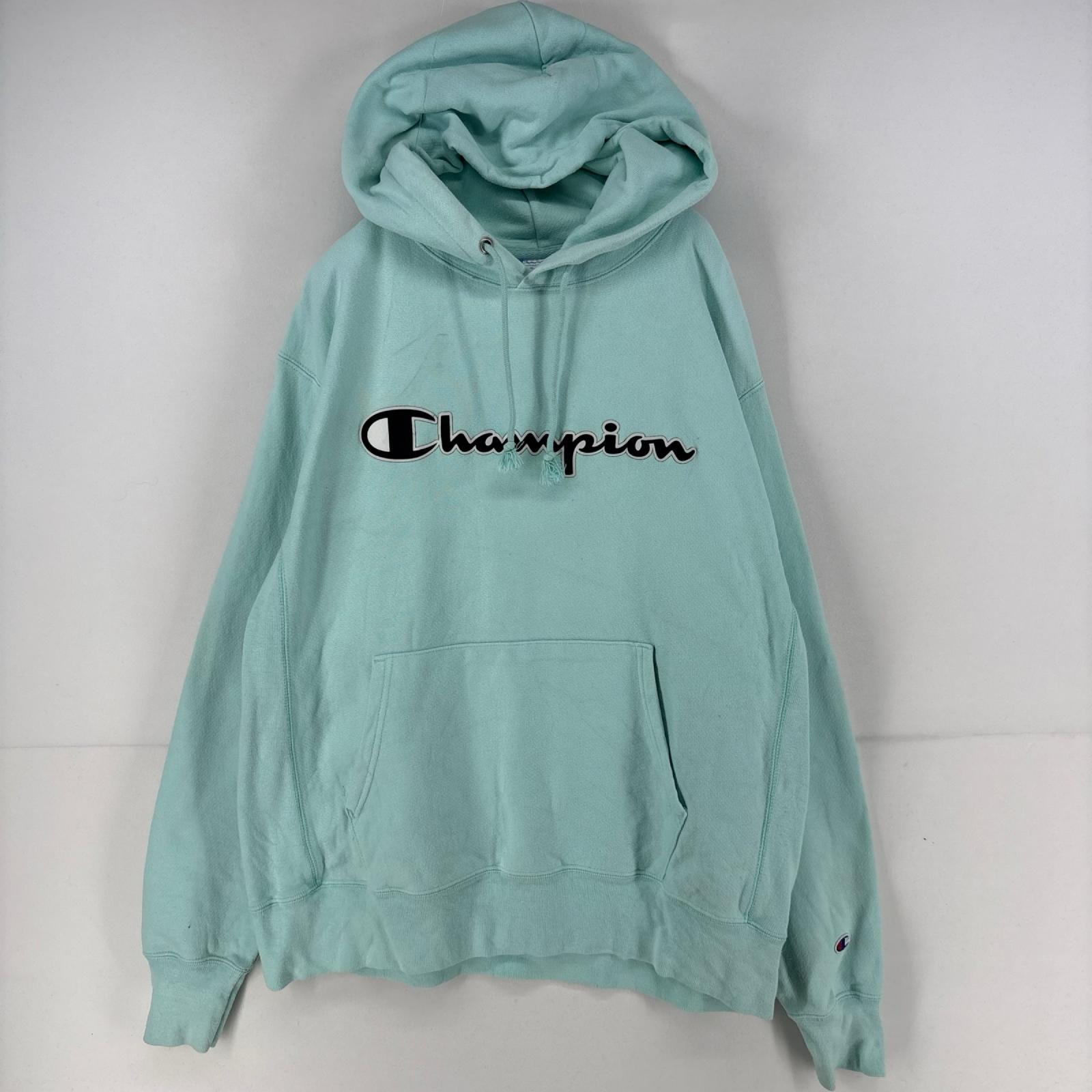 古着 チャンピオン Champion パーカー スウェット リバースウィーブ プルオーバー ロゴ ティファニーブルー系 L  水色 メンズ