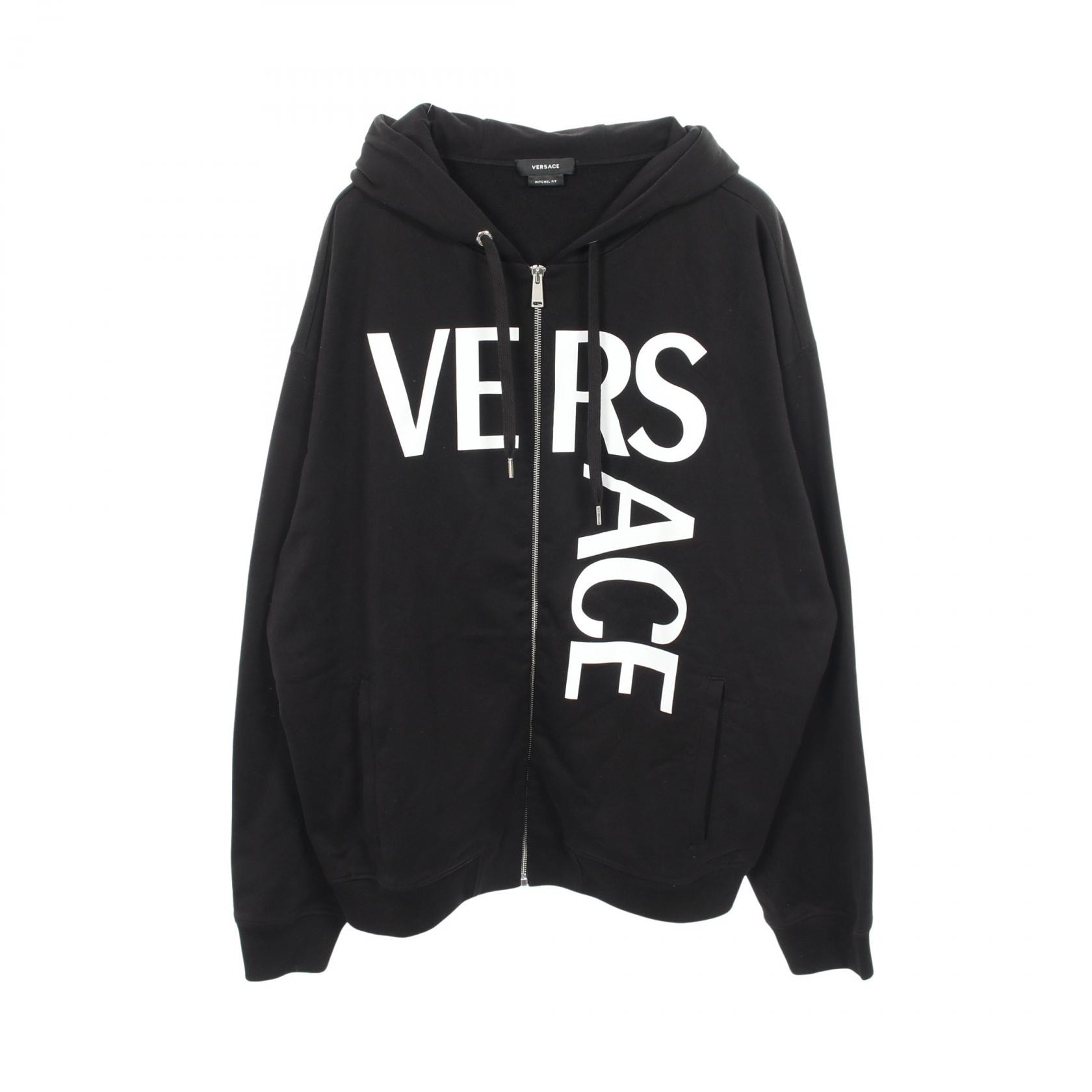 ヴェルサーチ VERSACE ロゴプリント パーカー 衣料品 トップス コットン メンズ ブラック系 【中古】