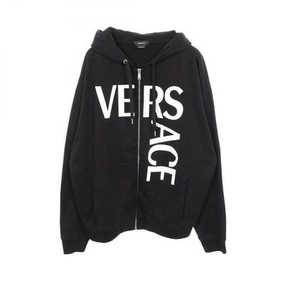 ヴェルサーチ VERSACE ロゴプリント パーカー 衣料品 トップス コットン メンズ ブラック系 【中古】