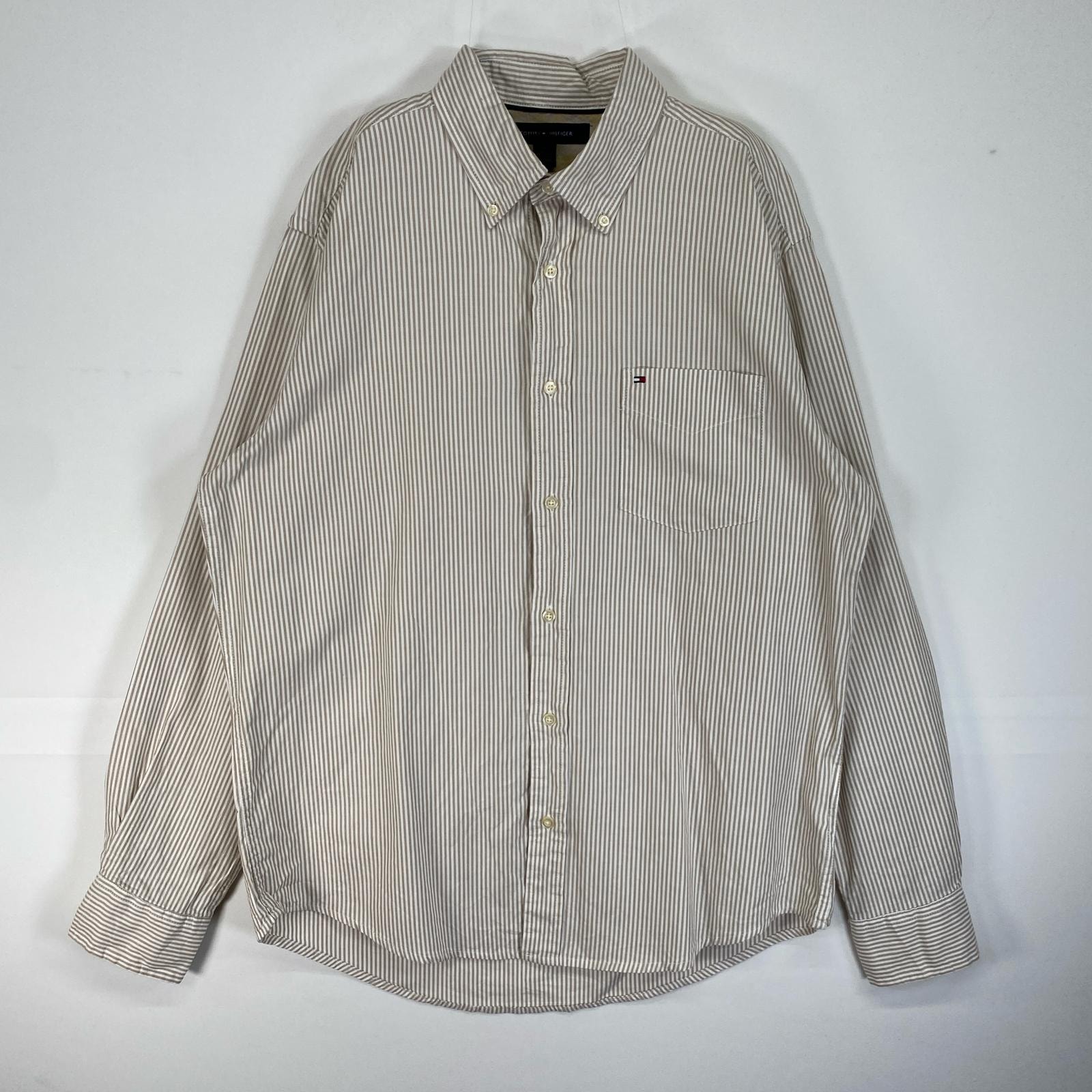 古着 トミーヒルフィガー TOMMY HILFIGER 長袖シャツ ロゴ 刺繍 ボタンダウン M  ベージュ系 ストライプ メンズ