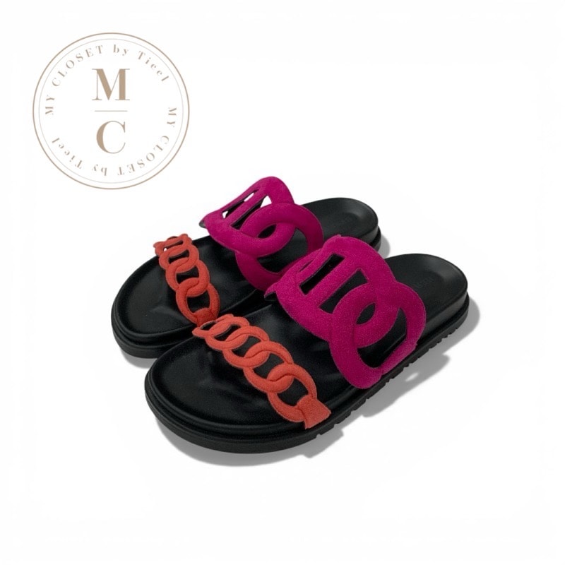 エルメス HERMES エクストラ サンダル 靴 シューズ スエード ピンク レッド シェーヌダンクル フラット