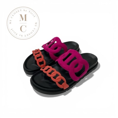 エルメス HERMES エクストラ サンダル 靴 シューズ スエード ピンク レッド シェーヌダンクル フラット