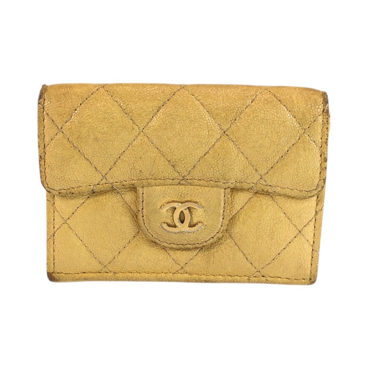 CHANEL シャネル ココマーク マトラッセ イエロー ゴールド金具 レザー 折り財布 コンパクトウォレット 601793 【中古】