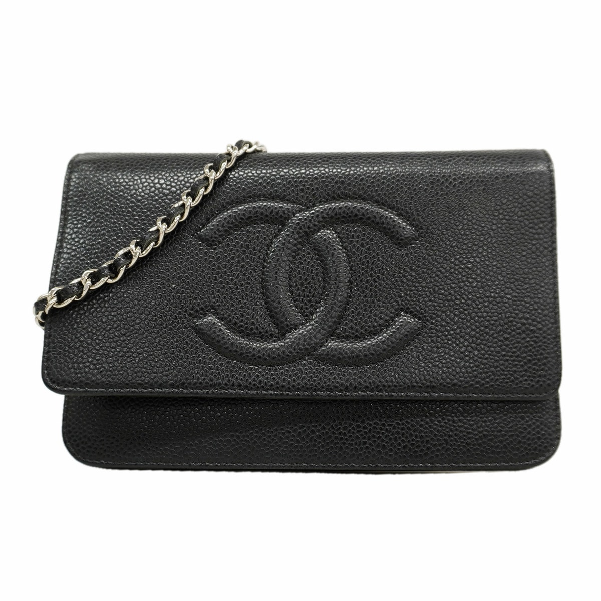 ★SALE【6hc1795-k】シャネル ショルダーウォレット チェーンショルダー キャビアスキン エベヌ シルバー金具【中古】レディース