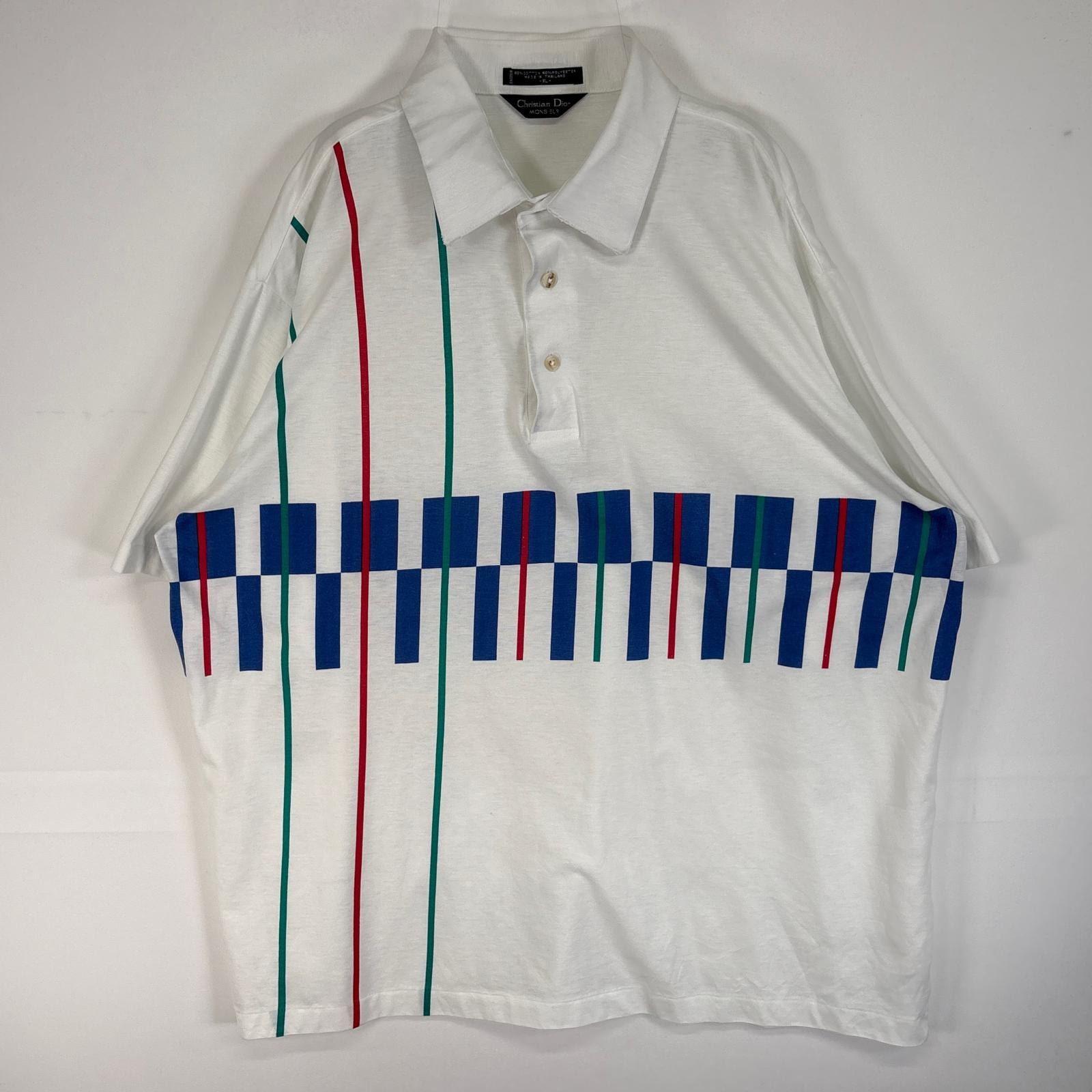 古着 90's/90年代 クリスチャンディオール Christian Dior 半袖 ポロシャツ 3ボタン 大きいサイズ XL ホワイト マルチカラー メンズ