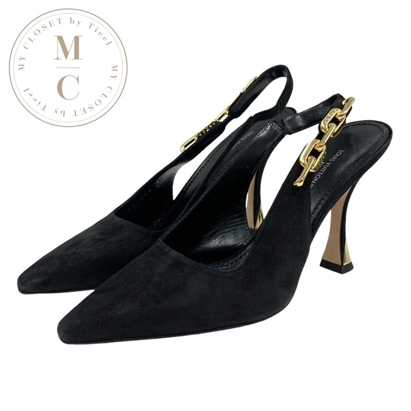 ルイヴィトン LOUIS VUITTON スパークルライン パンプス 靴 シューズ スエード ブラック 黒 ゴールド サンダル チェーン スリングバック