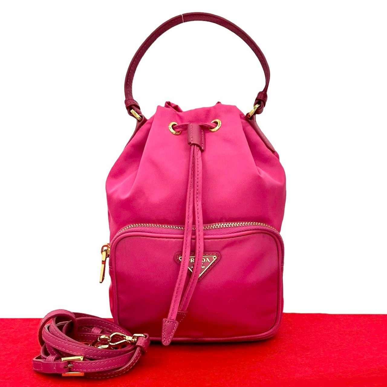 PRADA プラダ デュエット 三角ロゴ ナイロン レザー ショルダーバッグ ピンク
 56149