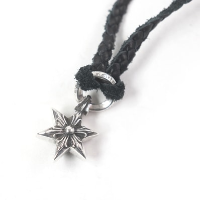 Chrome Hearts Tiny Leather Braid Scroll 6 Point Star Charm Old Large Necklace SV925 "Silver/Black"