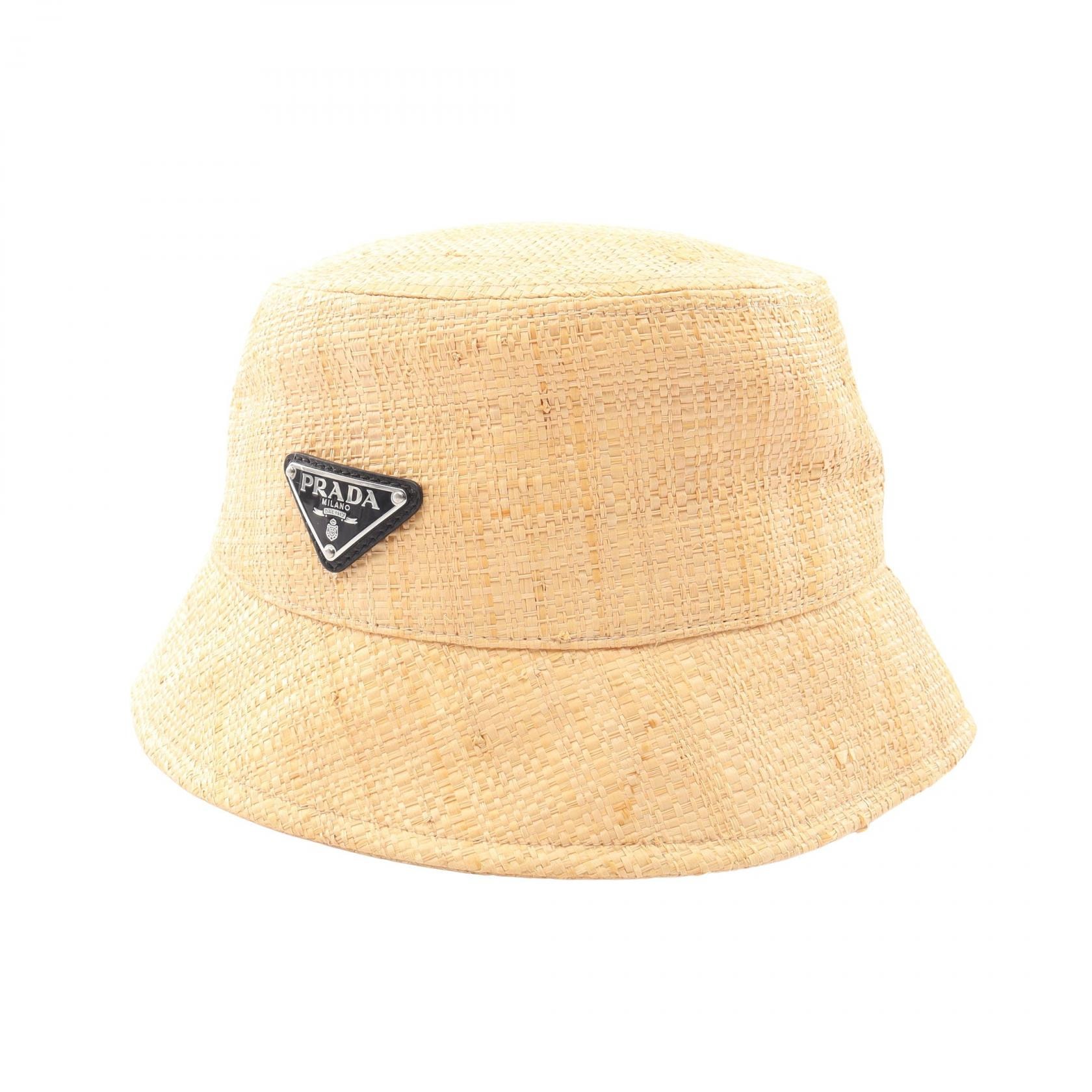 プラダ PRADA 三角プレート バケット ハット 帽子 ストロー レディース ベージュ系 【中古】
