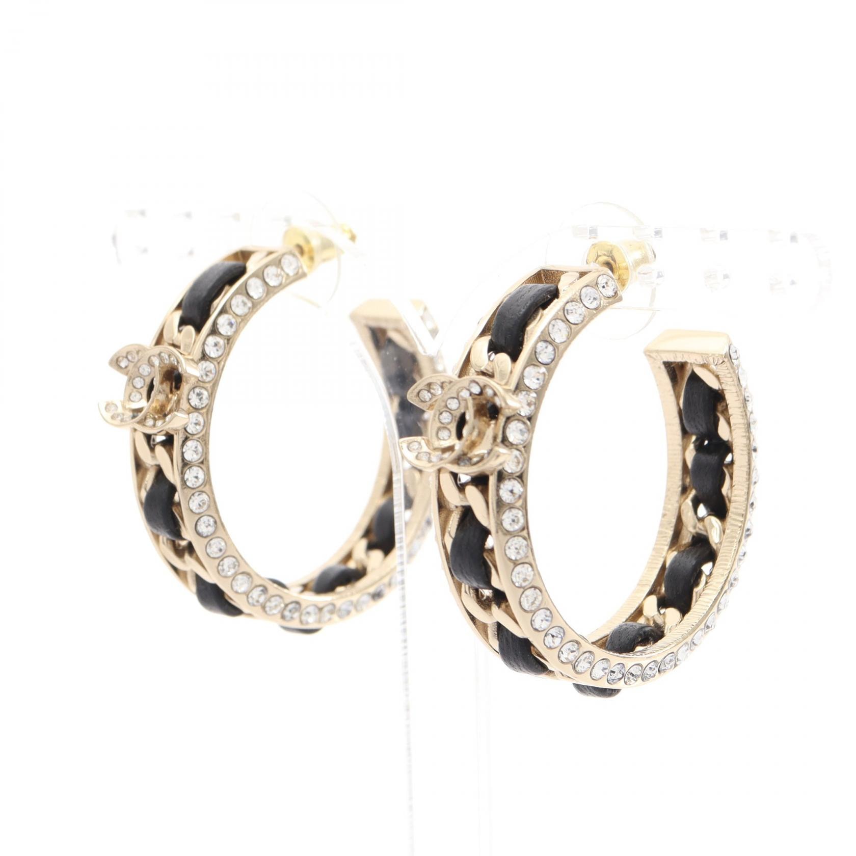 シャネル CHANEL ココマーク フープ ピアス ジュエリー GP(ゴールドメッキ) レザー ラインストーン レディース ゴールド系 / ブラック系 / クリア系 【中古】