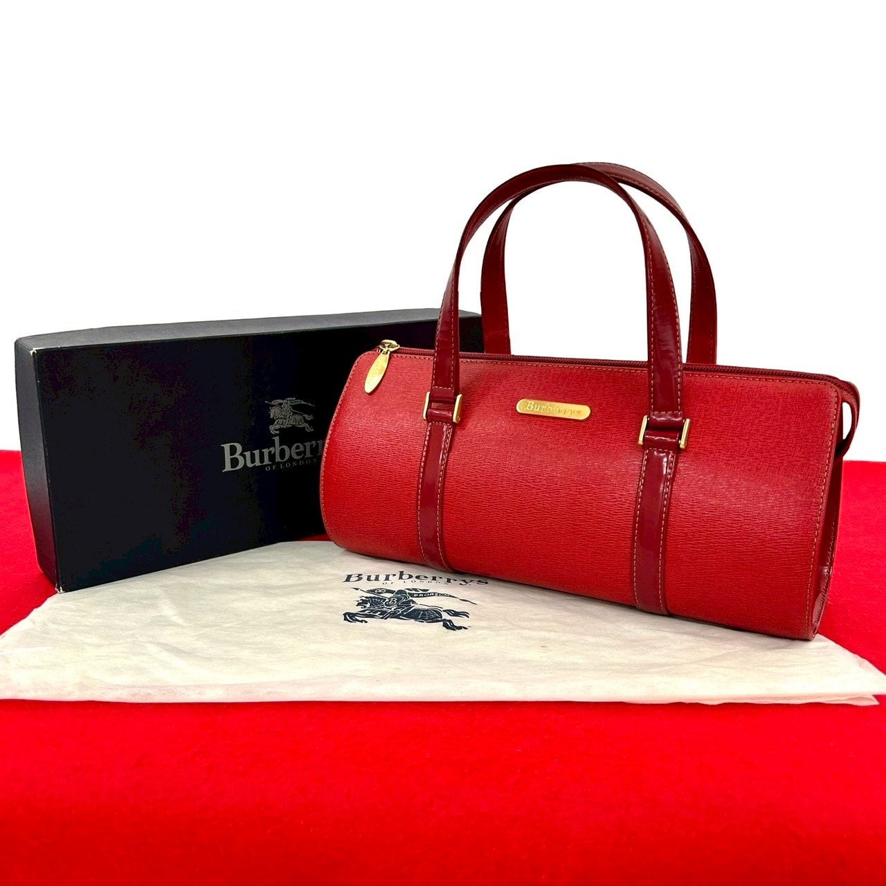 BURBERRY バーバリー ノバチェック 柄 ロゴ プレート レザー ハンドバッグ レッド
 64566