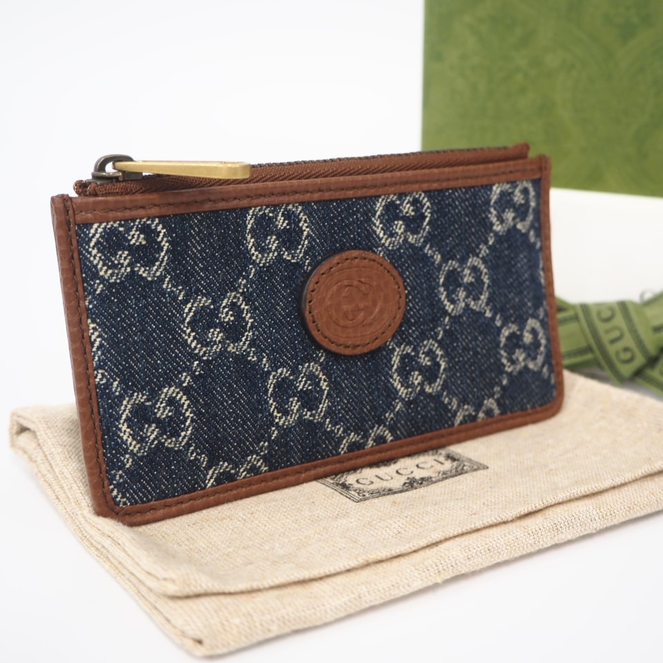 未使用 GUCCI グッチ インターロッキングG デニム GGスプリーム コインケース 697717 コインケース ブルー ブラウン デニム レザー メンズ