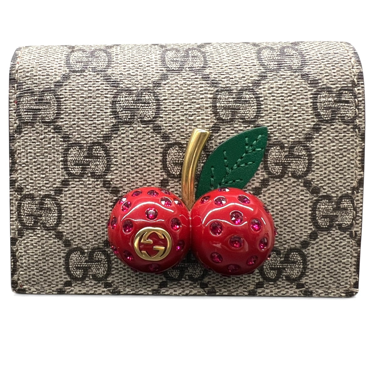 GUCCI 展示品級 グッチ GGスプリーム チェリー ミニウォレット 二つ折り財布 476050 PVC レザー ベージュ レッド ブラウン コンパクトウォレット GGプラス 美品 SAランク 中古 鑑定済 グッチ財布
