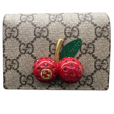 GUCCI 展示品級 グッチ GGスプリーム チェリー ミニウォレット 二つ折り財布 476050 PVC レザー ベージュ レッド ブラウン コンパクトウォレット GGプラス 美品 SAランク 中古 鑑定済 グッチ財布