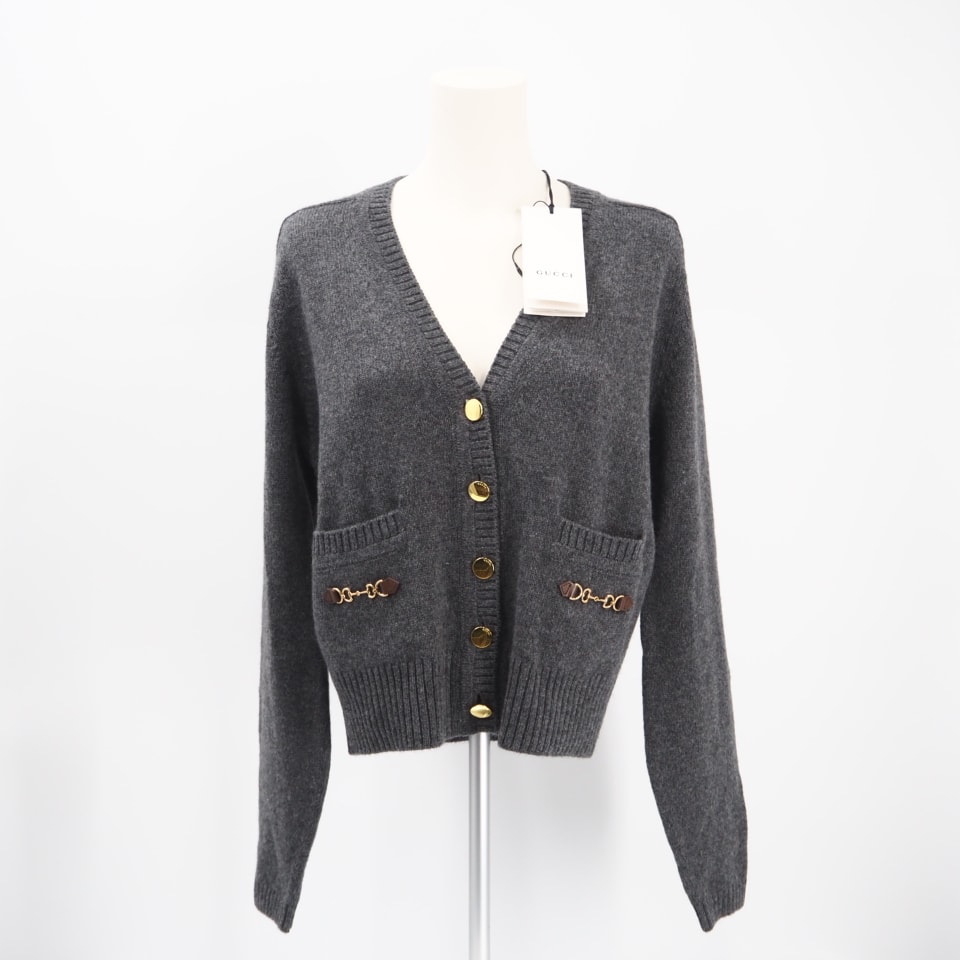 未使用 GUCCI グッチ ホースビット カシミヤ カーディガン S 628412 カーディガン グレー・ブラウン カシミヤ レザー レディース