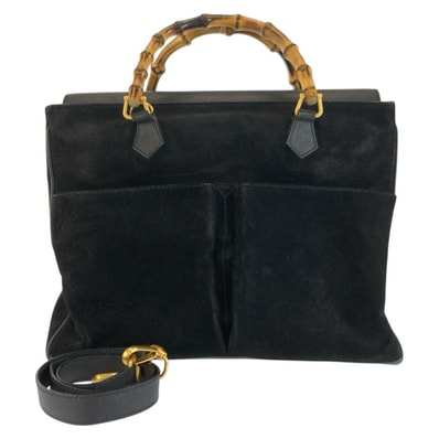 GUCCI グッチ ヴィンテージ バンブー ブラック 黒 ゴールド金具 スウェード レザー/ ハンドバッグ ショルダーバッグ 2way 604649 【中古】