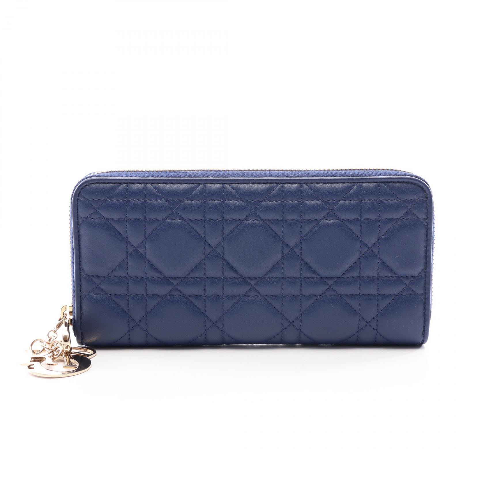 ディオール Dior レディディオール カナージュ ラウンド長財布 財布 レザー レディース ネイビー系 【中古】