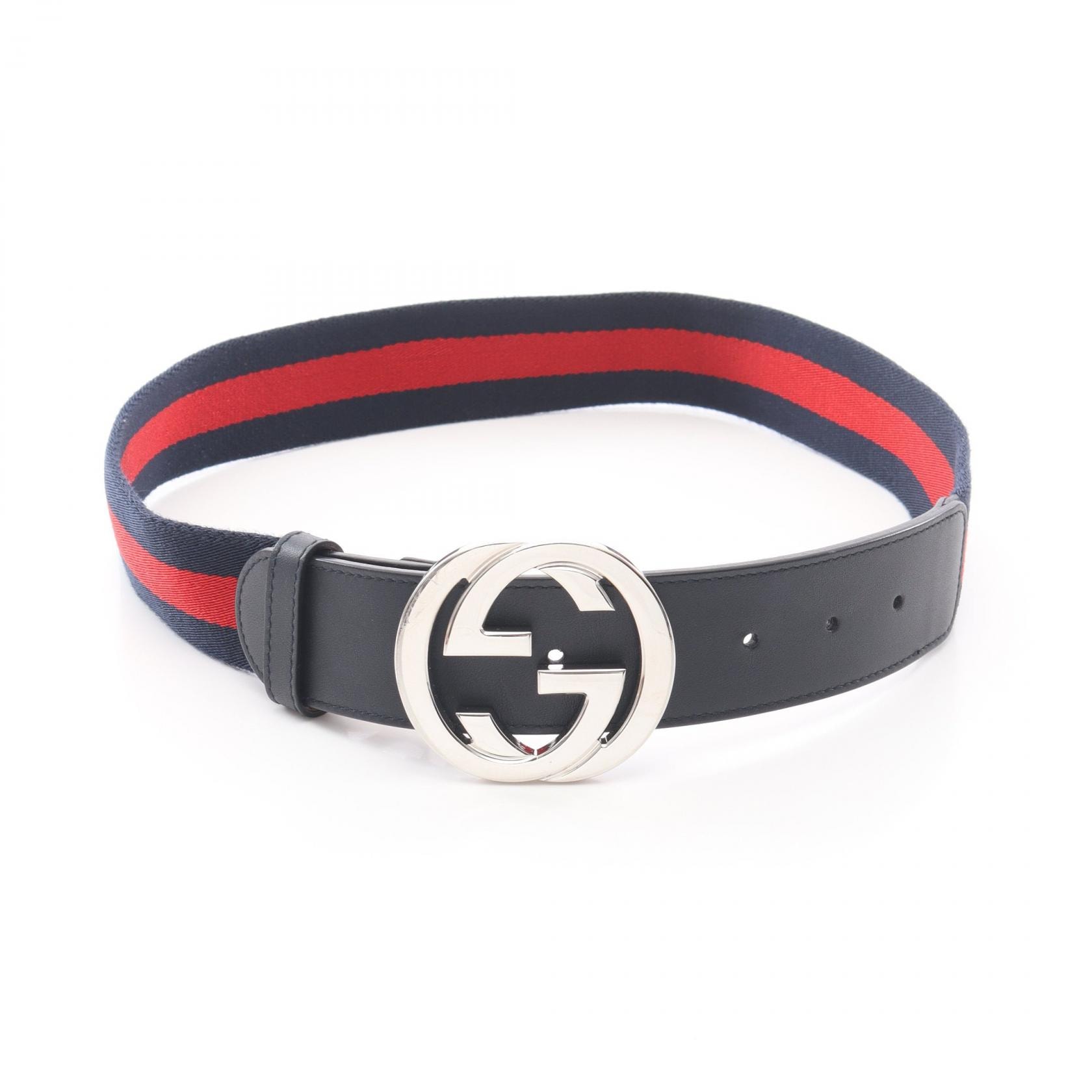 グッチ GUCCI インターロッキングG シェリーライン ベルト 衣料品 レザー ファブリック レディース ネイビー系 / レッド系 / ブラック系 【中古】
