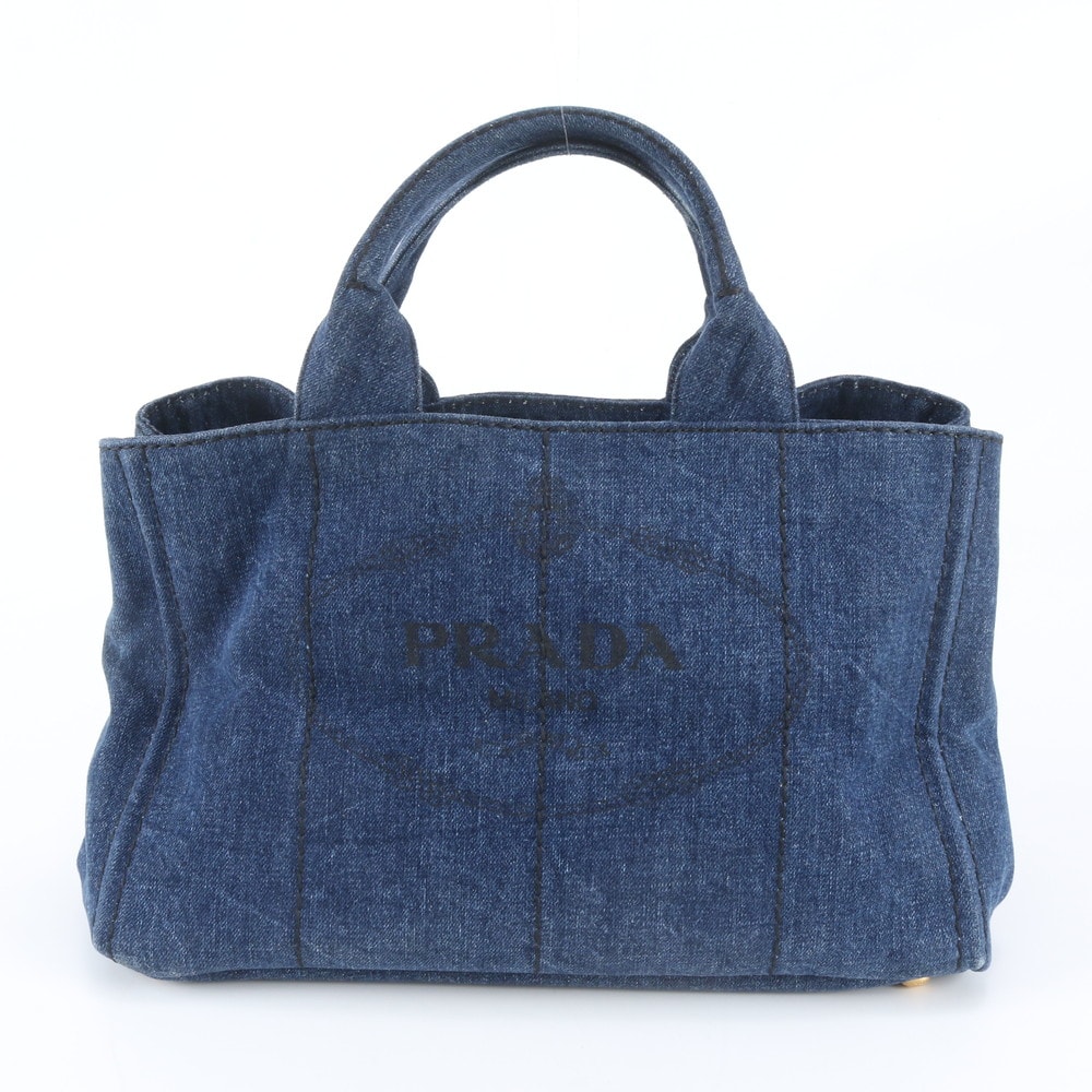 ■美品 プラダカナパ 白タグあり トライアングルロゴ デニムハンドバッグ