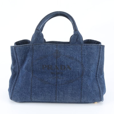 ■美品 プラダカナパ 白タグあり トライアングルロゴ デニムハンドバッグ