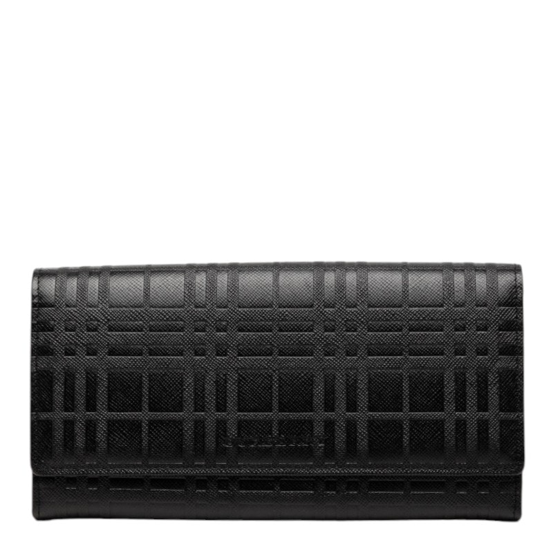 バーバリー エンボスチェック ロングウォレット 長財布 がま口 ブラック レザー レディース BURBERRY 【中古】