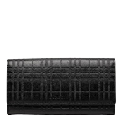 バーバリー エンボスチェック ロングウォレット 長財布 がま口 ブラック レザー レディース BURBERRY 【中古】