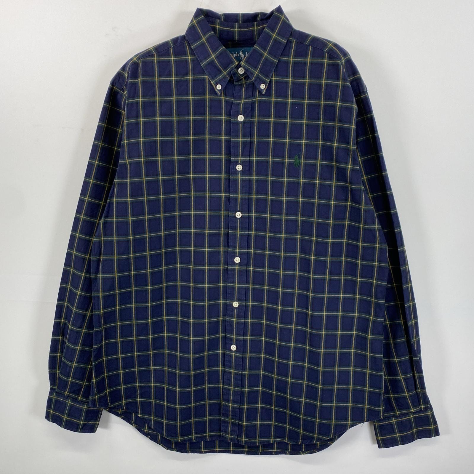 古着 ラルフローレン RALPH LAUREN 長袖シャツ ロゴ刺繍 ボタンダウン ワンポイント L  ネイビー系 チェック メンズ
