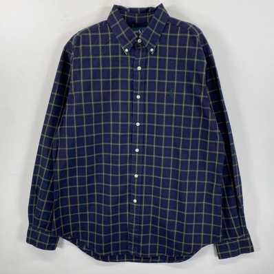 古着 ラルフローレン RALPH LAUREN 長袖シャツ ロゴ刺繍 ボタンダウン ワンポイント L ネイビー系 チェック メンズ