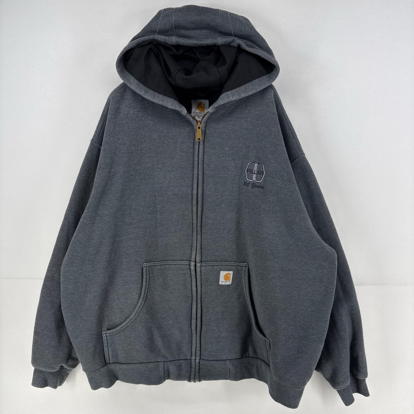古着 カーハート Carhartt パーカー フルジップ ダブルフェイス ロゴ スウェット メッシュ 刺繍 大きいサイズ 3XL  グレー メンズ
