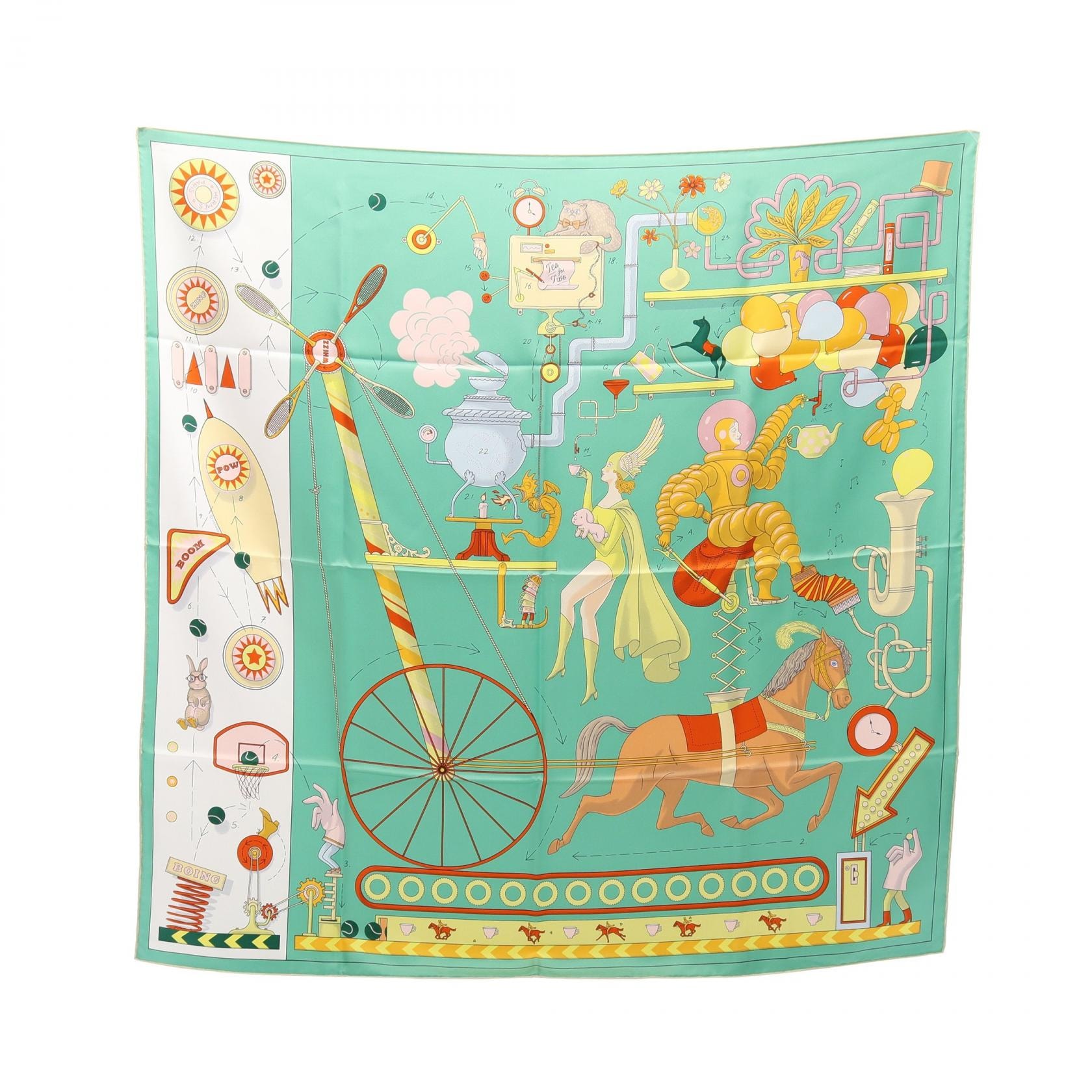 エルメス HERMES カレ90 Tea for Two スカーフ 衣料品 シルク シルク レディース グリーン系 / マルチカラー 【中古】