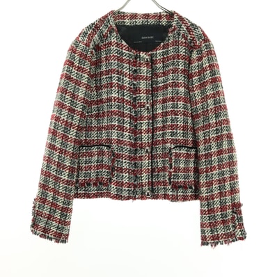 ZARA BASIC ザラベーシック チェック柄 長袖 ノーカラー ツイードジャケット XL ブラック系