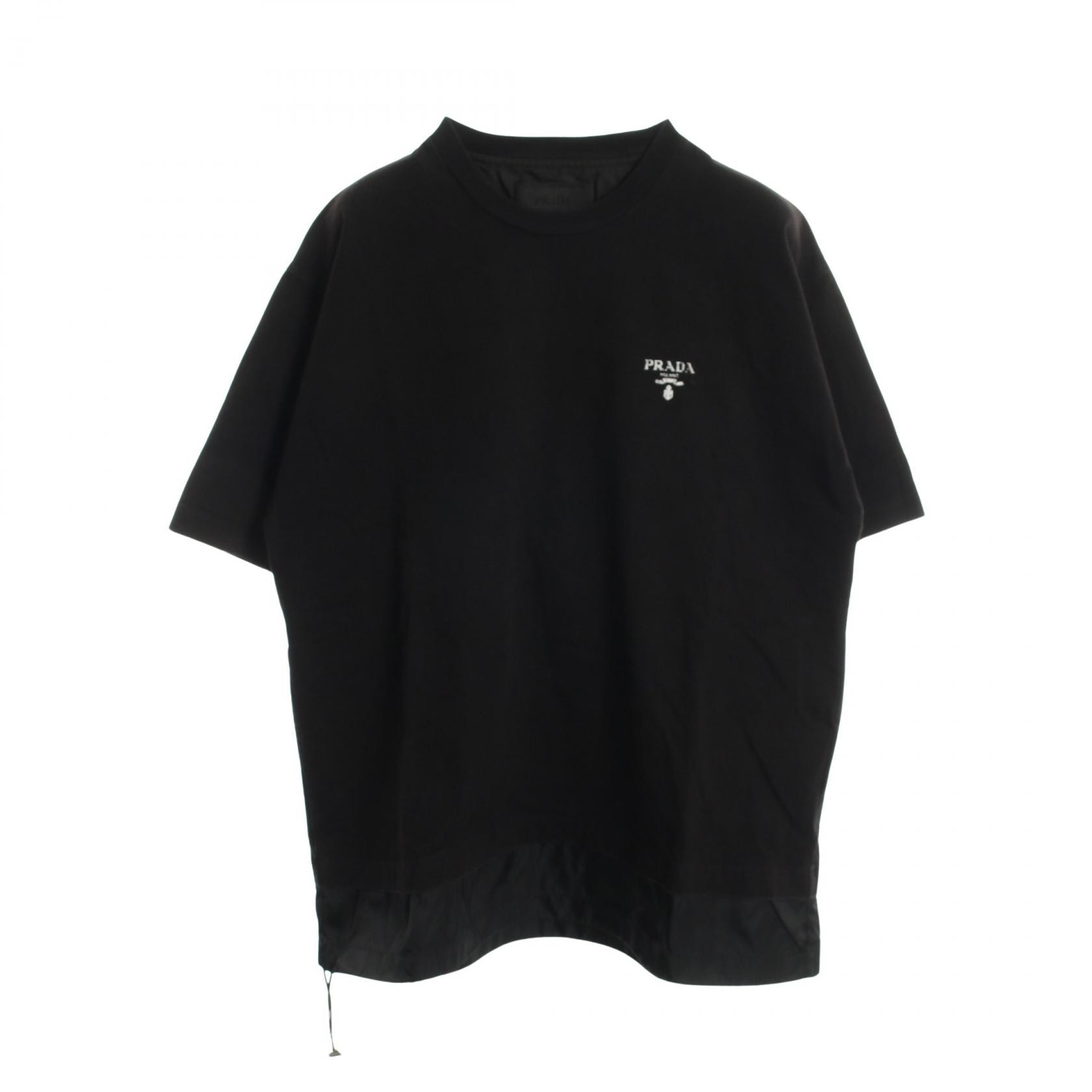 프라다 프라다 로고 프린트 나일론 스위칭 크루넥 반팔 티셔츠 의류 탑 코튼 나일론 남성용 블랙 UJN742 S202 1YYA [중고]
