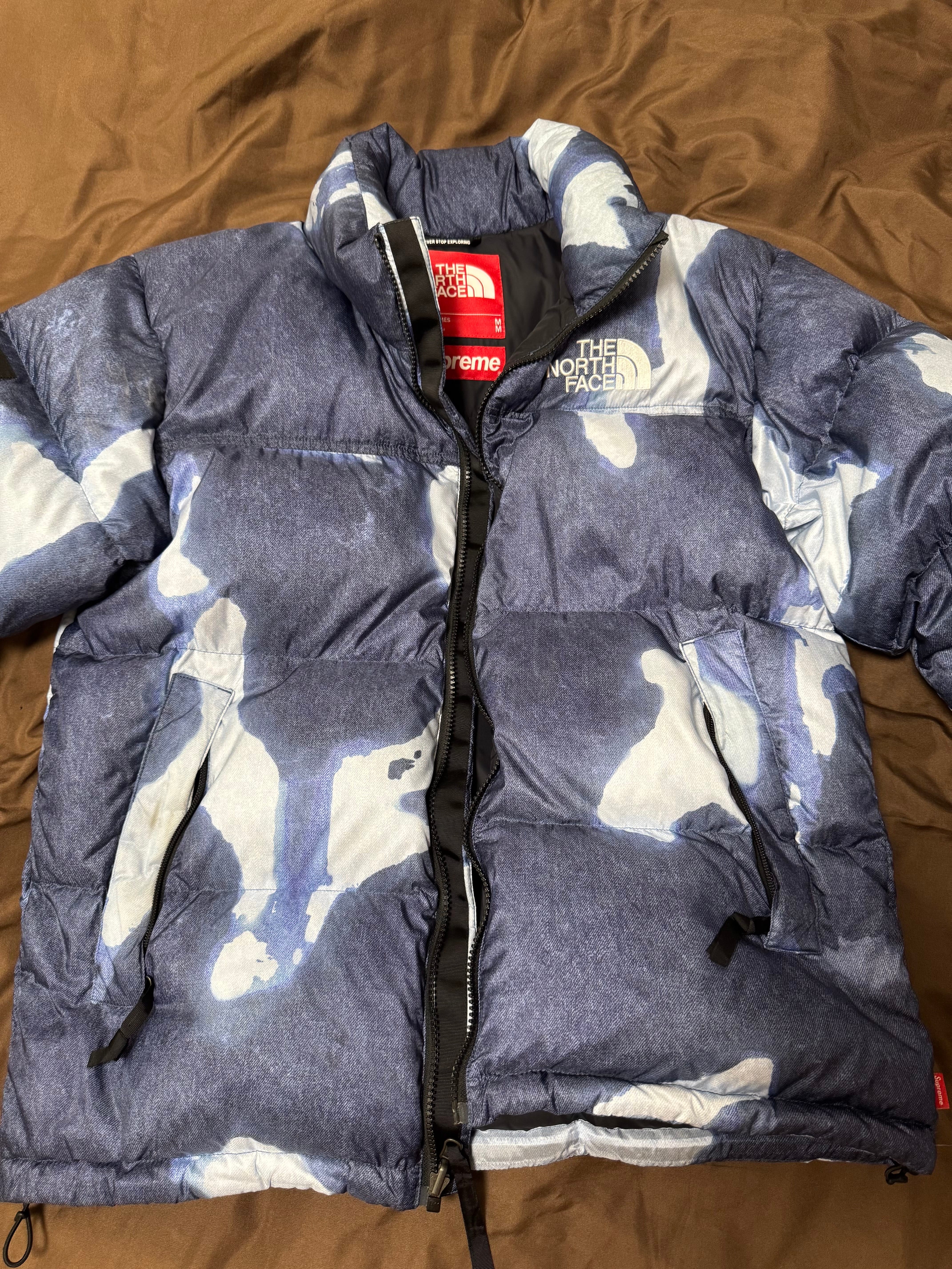 Supreme x The North Face Bleached Denim Print Nuptse Jacket "Indigo"
