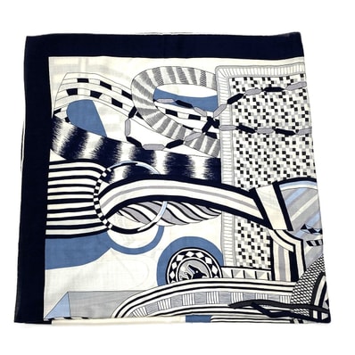 HERMES エルメス カレ 140 空想の鞍 ストール 242710S カシミヤ シルク ネイビー ホワイト レディース【中古】