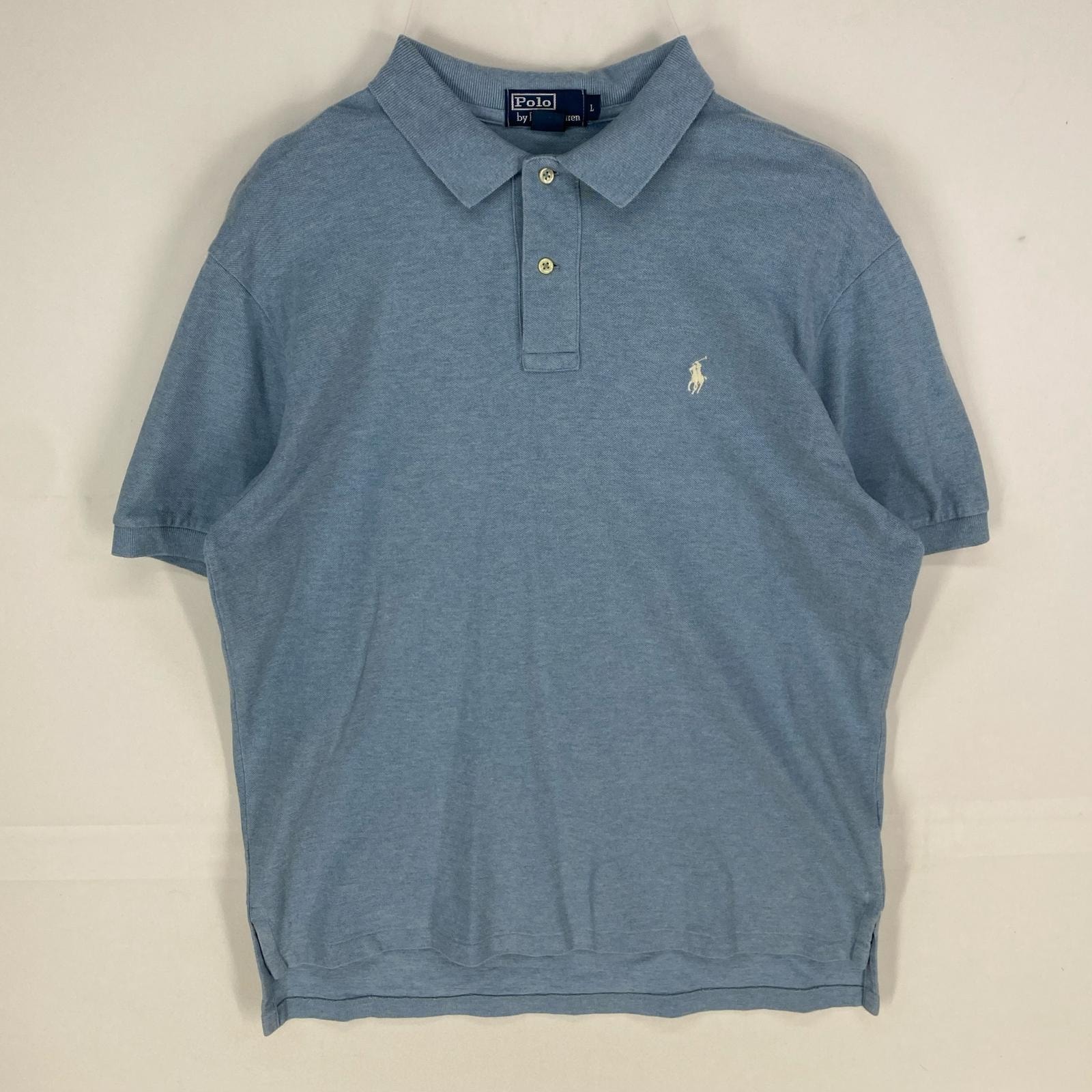 古着 ポロバイラルフローレン Polo by Ralph Lauren 鹿の子 半袖シャツ ワンポイント刺繍 ポロシャツ L 水色系 メンズ