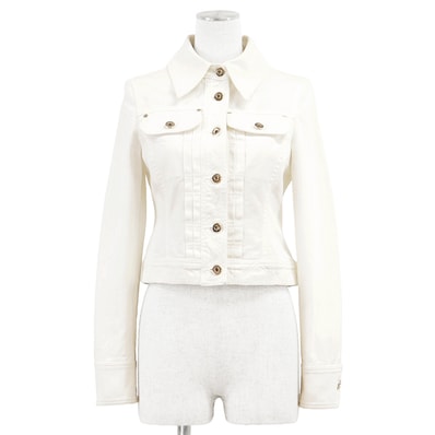 【美品】GUCCI グッチ デニムクロップドジャケット サイズ 38 レディース シグネチャー ロゴ 金ボタン グログランリボンアジャスター ショート 短丈 Gジャン アウター オフホワイト 白 イタリア製
