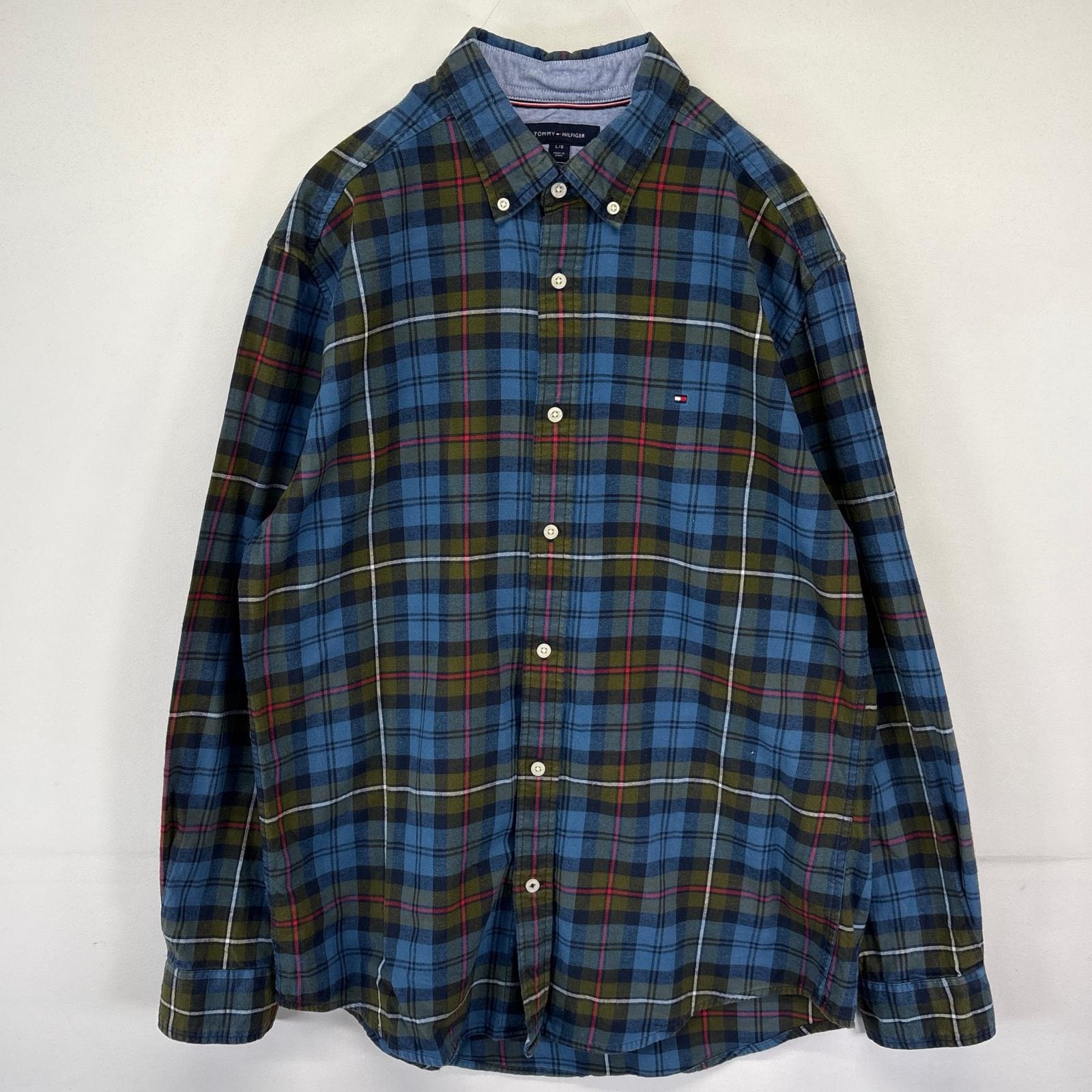 古着 トミーヒルフィガー TOMMY HILFIGER 長袖シャツ ボタンダウン チェック柄 ワンポイントロゴ コットン L  ブルー系 メンズ