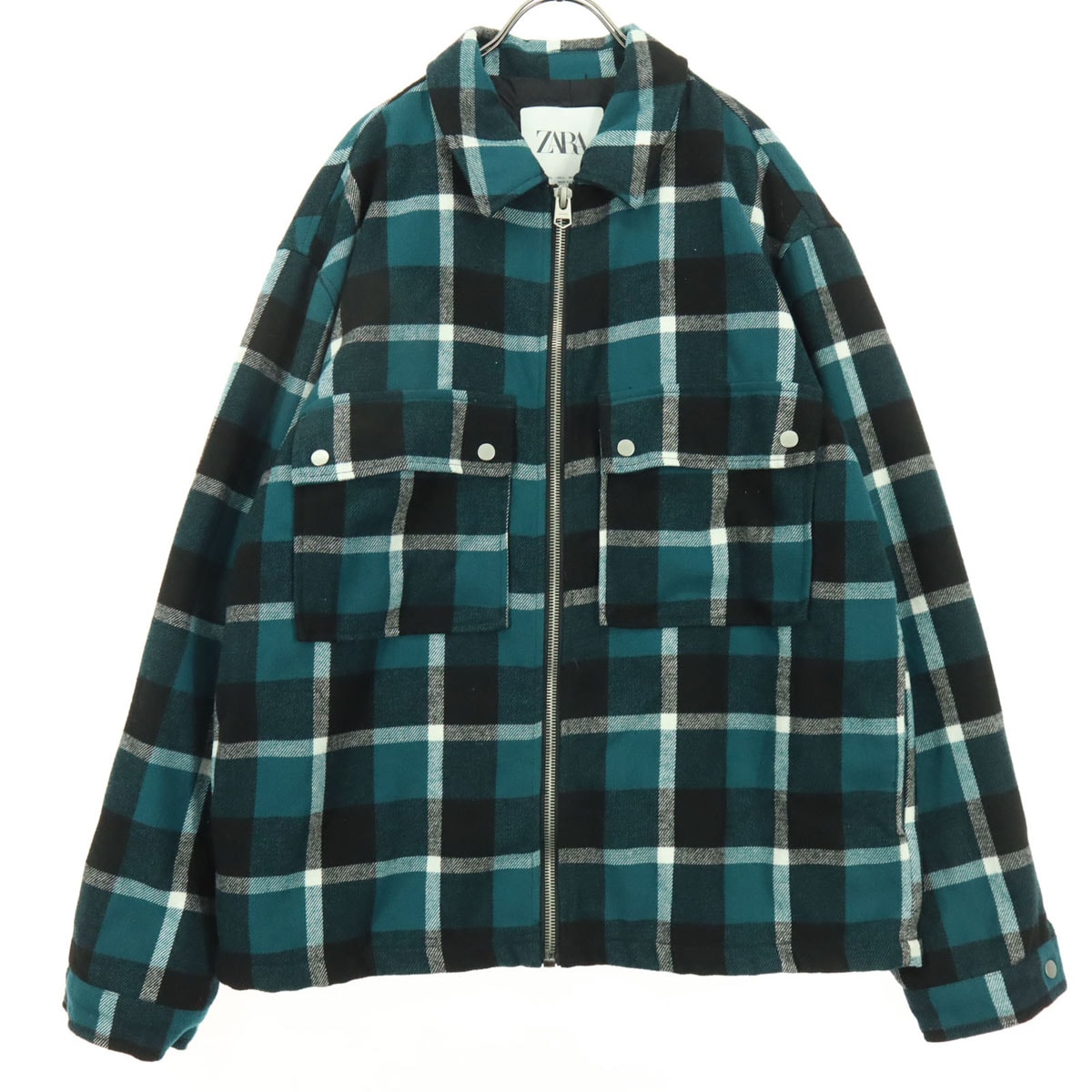 ZARA ザラ チェック柄 長袖 ジップ シャツジャケット L グリーン系