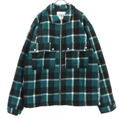 ZARA ザラ チェック柄 長袖 ジップ シャツジャケット L グリーン系