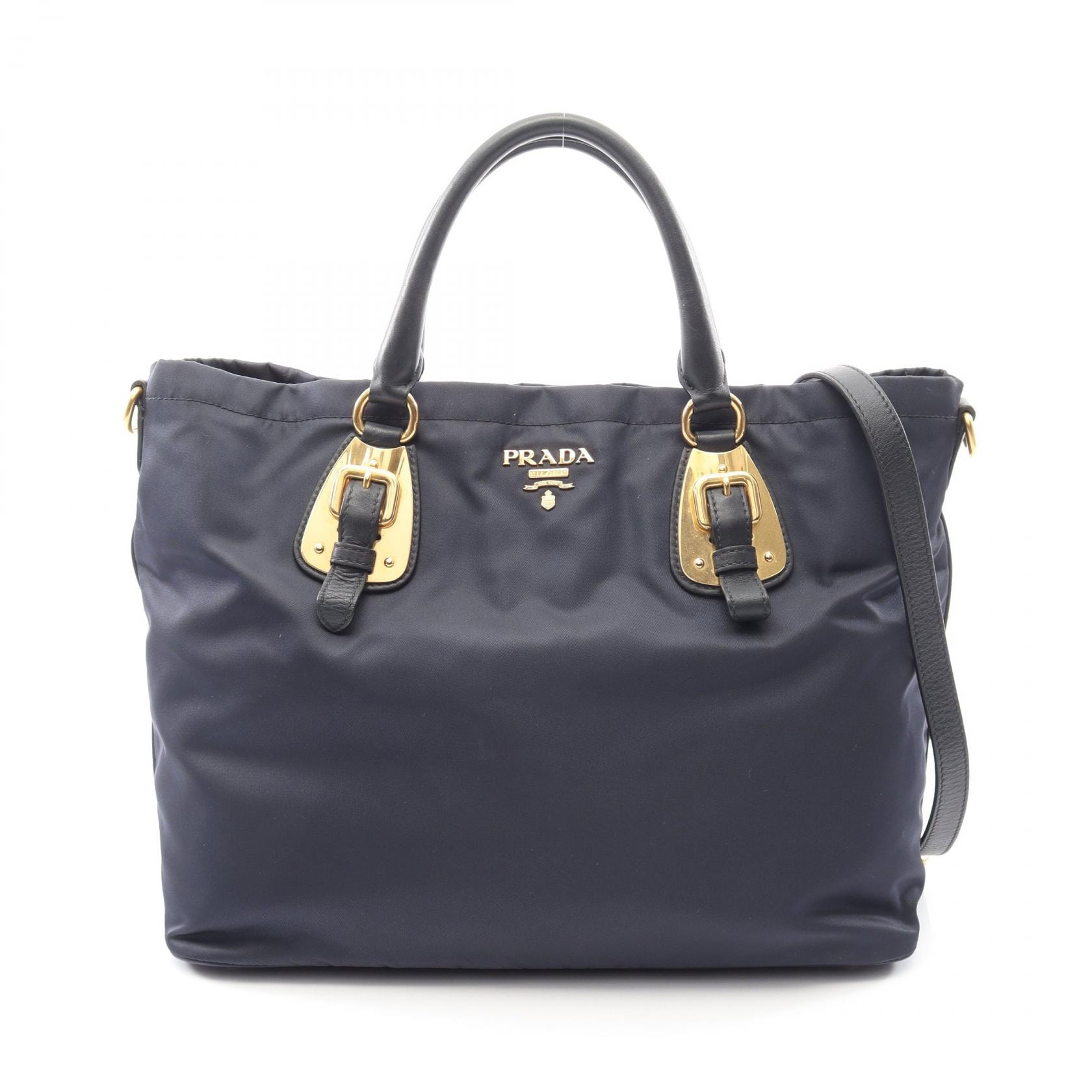 プラダ PRADA TESSUTO + SOFT CALF 2WAY トートバッグ バッグ ナイロン レザー レディース ネイビー系 BN1902 【中古】
