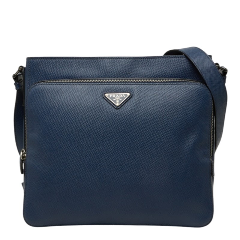 プラダ 三角ロゴプレート サフィアーノ 斜め掛け ショルダーバッグ ネイビー レザー レディース PRADA 中古