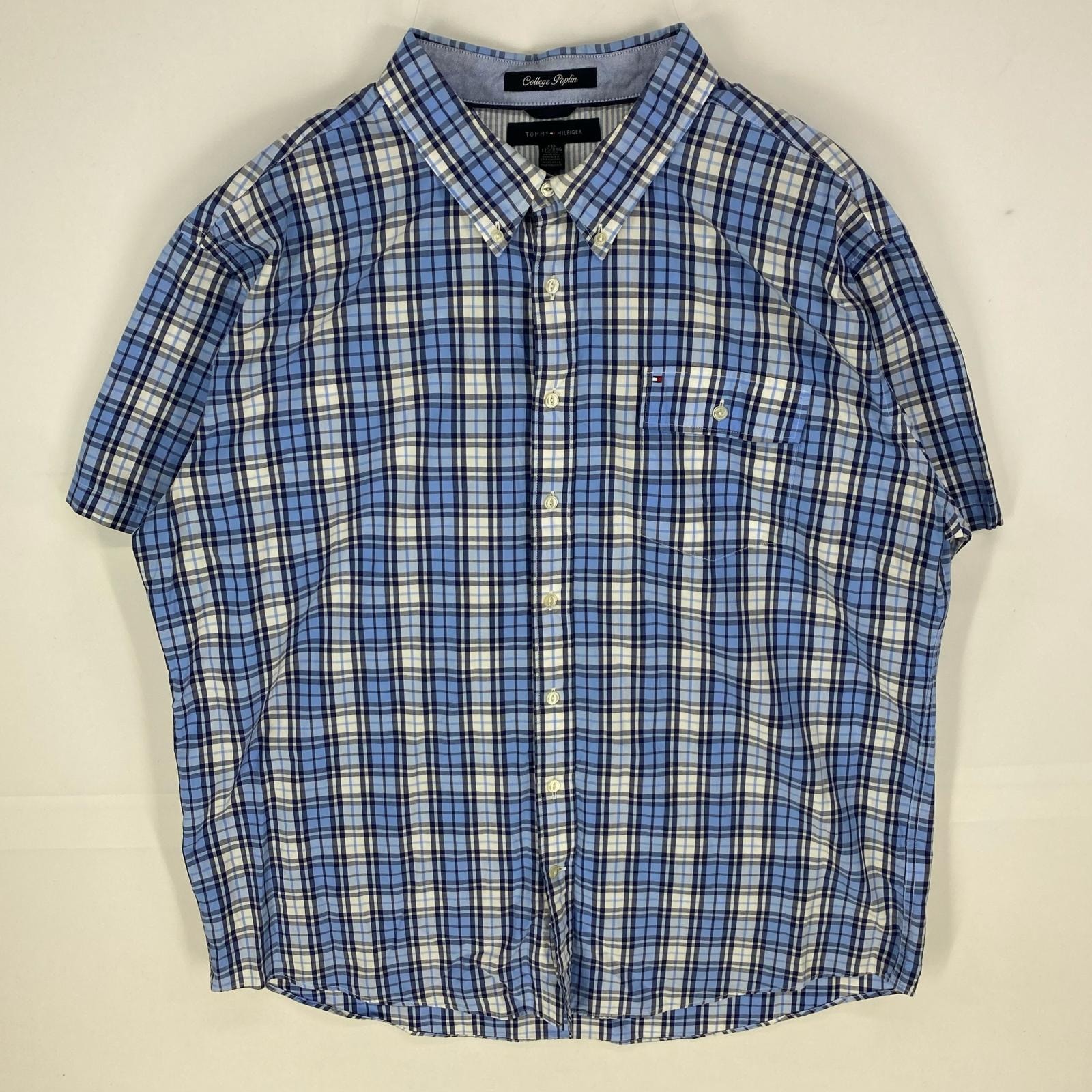 古着 トミーヒルフィガー TOMMY HILFIGER 半袖シャツ ボタンダウン 胸ポケット 刺繍ロゴ 大きいサイズ 2XL  ブルー系 チェック メンズ