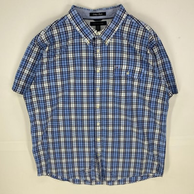 古着 トミーヒルフィガー TOMMY HILFIGER 半袖シャツ ボタンダウン 胸ポケット 刺繍ロゴ 大きいサイズ 2XL ブルー系 チェック メンズ