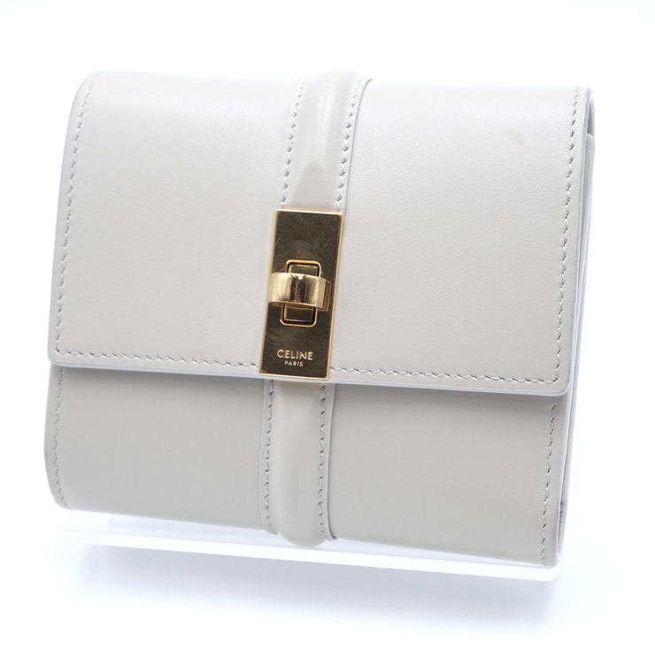 CELINE(セリーヌ)16 セーズ スモール トリフォールドウォレット 三つ折り財布 ホワイト系 レザー ゴールド金具 S-SD-4233【中古】