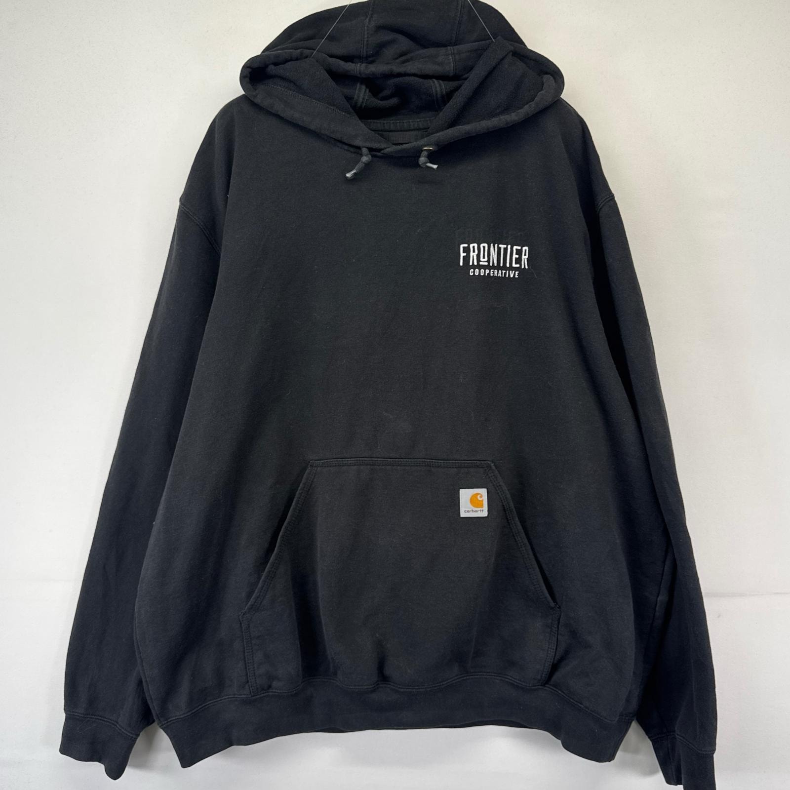 古着 カーハート Carhartt パーカー フーディー ワンポイント刺繍 企業ロゴ プルオーバー ルーズフィット 2XL  ブラック系 メンズ