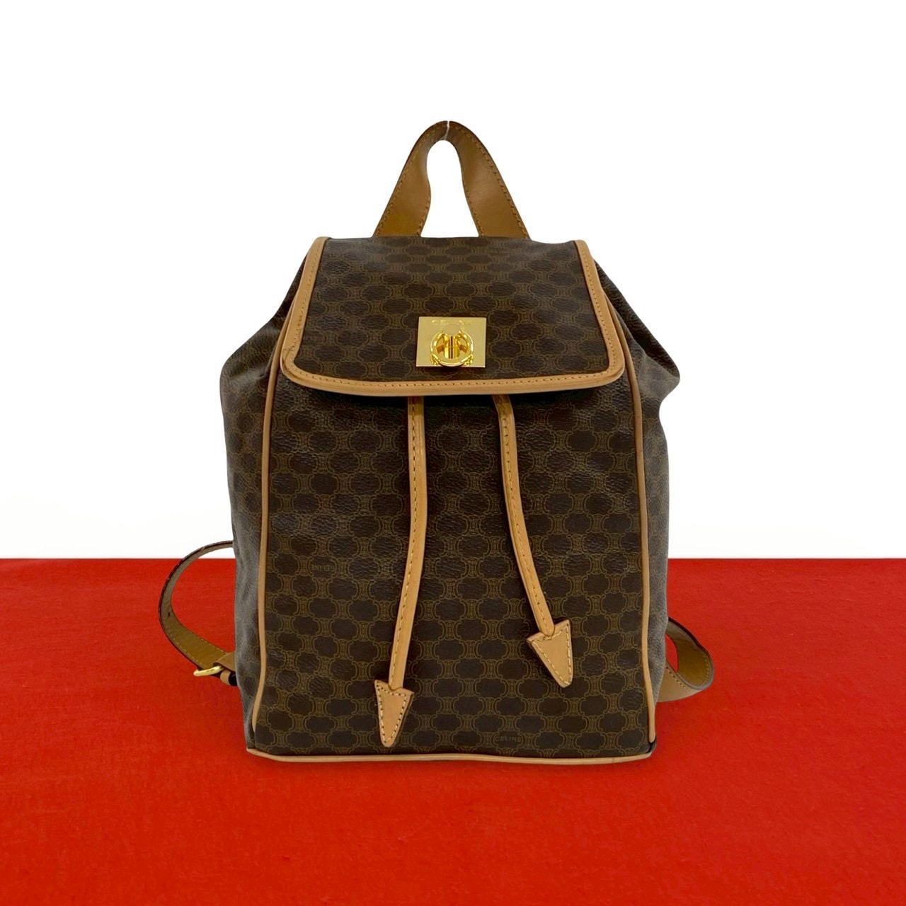 CELINE セリーヌ マカダム ブラゾン トリオンフ 柄 ロゴ リング金具 レザー PVC リュックサック ブラウン
 92831