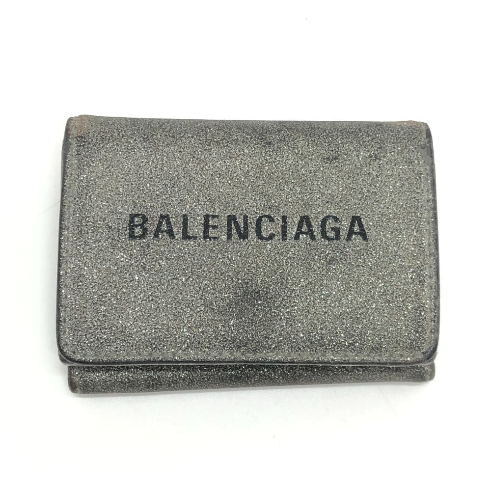 バレンシアガ BALENCIAGA エブリデイ  551921 3つ折り ミニウォレット ロゴ グリッター 3つ折り財布 レザー シルバー